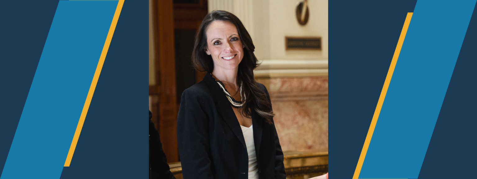 Ashley Andersen smiling at the Colorado State Capitol, framed with Colorado Succeeds branding elements