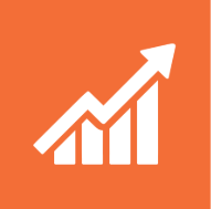 White icon of a bar chart with an upward arrow on an orange background, symbolizing growth or progress