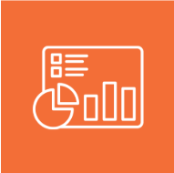 White icon of a data dashboard with charts and graphs on an orange background, representing data and analytics