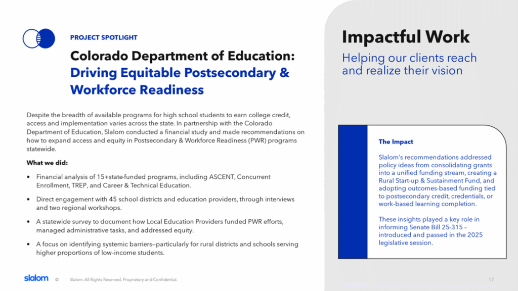 Slide highlighting Slalom’s work with the Colorado Department of Education on expanding equitable access to postsecondary and workforce readiness program