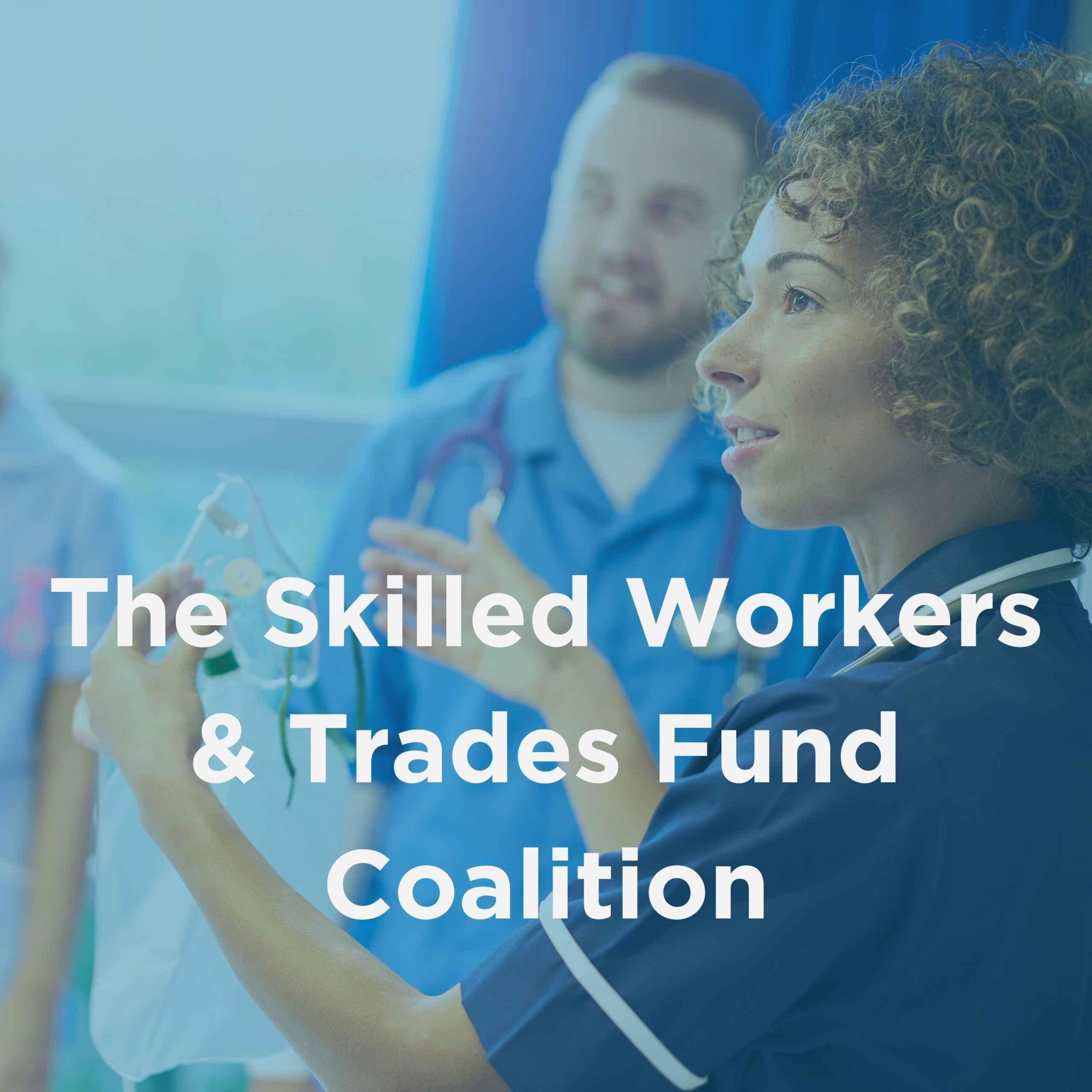 Tinted photo of a female nurse with the words: About the Coalition in Support