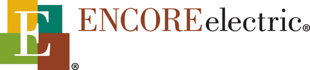 Encore Electric Logo of a white E overlaid on 4 colorful stacked boxes