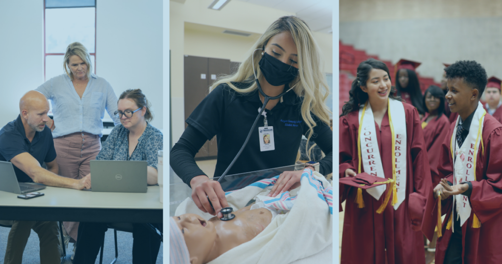 A three-panel image shows education and career pathways in action: professionals collaborating over a laptop, a student practicing healthcare skills with a mannequin, and graduates in caps and gowns celebrating together.